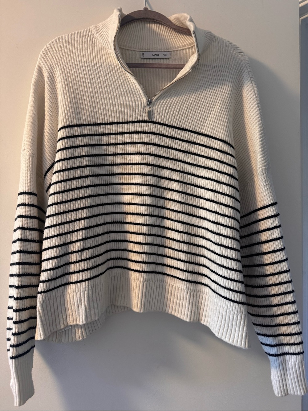 Mango Quarter Zip Ribbed Ivory Striped Sweater - Size M - Picture 3 of 4
